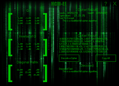 Screenshot of the Eigenvalue-based Hill Cipher Modification Application